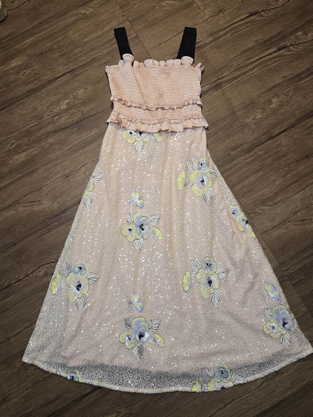 Rare Three Floor Smocked Sequin Embroidered Floral Blush Dress Pink Size 2